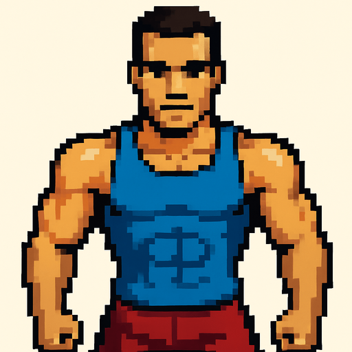 Hombre atlético mirando a la cámara pixel art.
In-Game asset.  2d.  High contrast.  No shadows