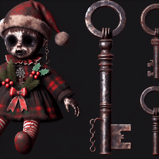 a simple dirty, dark and eerie Christmas doll key.
Single Game Texture. In-Game asset. 2d. Blank background. High contrast. No shadows.