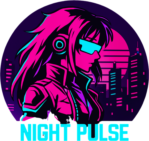 Round shape song cover of cyberpunk anime style with the themed “Night Pulse”.
In-Game asset.  2d.  High contrast.  No shadows