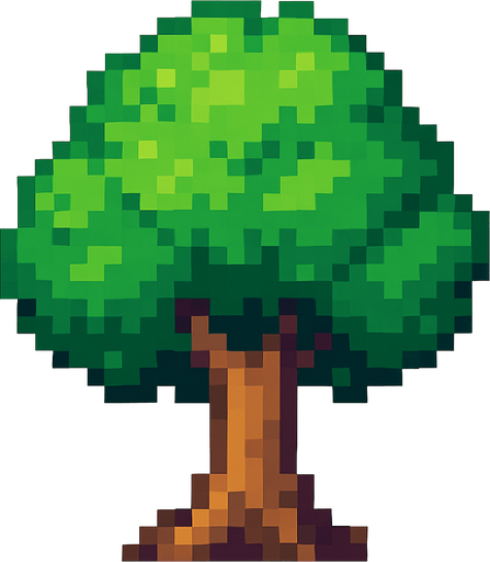 this is a tree but pixel art style. No background. Transparent background. Blank background. No shadows. 2d. In-Game asset. flat