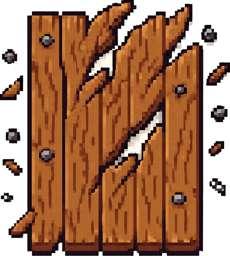 Vista cenital de una baldosa de puerta de madera destruida, aislada, vista desde arriba, estilo pixel art 2D para videojuego, textura continua y repetible, sprite de 32x32. Sin manija, sin marco, sin bisagras. Tablones de madera rotos, astillas y clavos decorativos dispersos. Vetas de madera estilizadas. Alto contraste, arte estilo hecho a mano. Sin sombras. Sin fondo..
In-Game asset.  2d.  High contrast.  No shadows