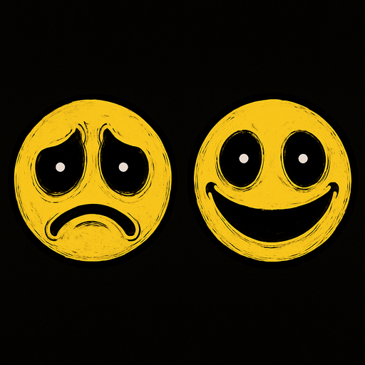Creepy sad and happy emoji with black eyes and white people's.
In-Game asset.  High contrast.  No shadows
