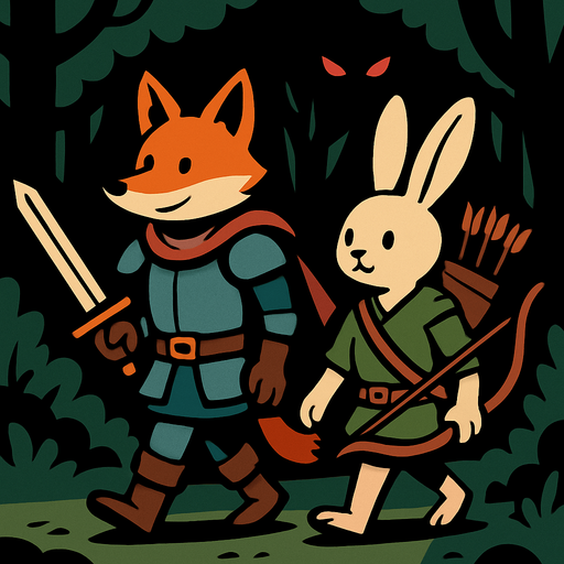 un caballero zorro y un arquero conejo caminan por el bosque tranquilamente, mientras en el fondo en la oscuridad del bosque se ven unos ojos rojos que resaltan.
In-Game asset.  2d.  High contrast.  No shadows