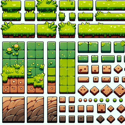 Create a 2D spritesheet featuring a side-view platform in a chibi-inspired style, perfect for a minimal, playful game. The spritesheet includes modular tiles for building platforms of various sizes, with a cohesive, cute aesthetic:

Grass Top Tiles: Vibrant green, flat grassy tops with smooth, rounded edges. Includes variations such as:

Left corner tile with a rounded edge.
Center tile with seamless edges to connect multiple pieces.
Right corner tile with a rounded edge.
Ground Tiles: Warm brown earthy layers with clean, exaggerated horizontal lines and minimal details like tiny embedded stones or subtle root patterns. Variations include:

Straight center ground tiles.
Left and right corner ground tiles.
The tiles are designed to be modular, allowing seamless connections when placed together. Bold, colorful, and minimal, the spritesheet ensures an adorable chibi-style look that matches the playful tone of games like Angry Birds..
Single Game Texture. In-Game asset. 2d. Blank background. High contrast. No shadows.