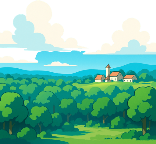 langit biru cerah, daerah hutan luas, di kejauhan ada pedesaaan sederhana. suasana pagi hari langit biru.
In-Game asset.  2d.  High contrast.  No shadows