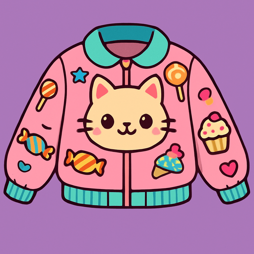 cute candy cat design jacket top view..
In-Game asset.  2d.  High contrast.  No shadows