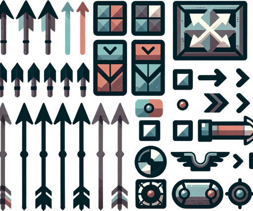 A spritesheet containing various interface elements for a viking themed game, including arrows in various colors pointing up. all in muted colors..
Single Game Texture. In-Game asset. 2d. Blank background. High contrast. No shadows.
