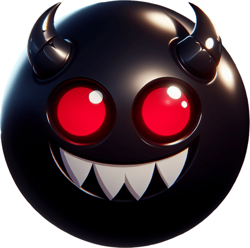 uma bola preta com chifres, e com olhos vermelhos com um sorriso assustador, fundo png.
Single Game Texture. In-Game asset. 3d. Blank background. High contrast. No shadows.