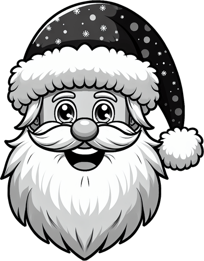 b&w smiling Santa Clauss' head icon Single Game Texture. In-Game asset. 2d. Blank background. High contrast. No shadows.