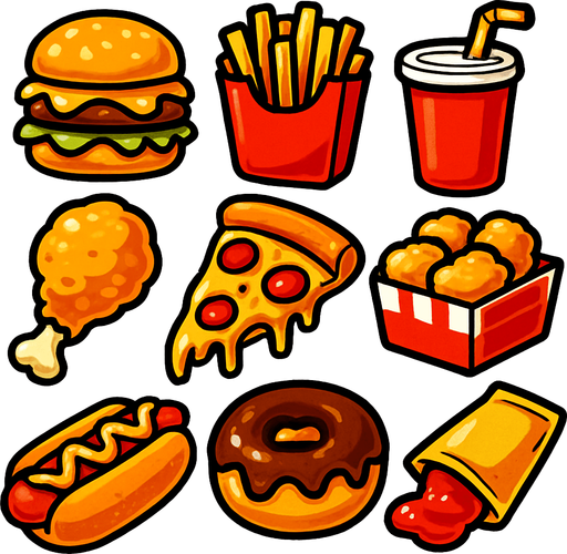 an image for each cell that is food theme based and fat and greasy and fast food.
In-Game asset.  2d.  High contrast.  No shadows