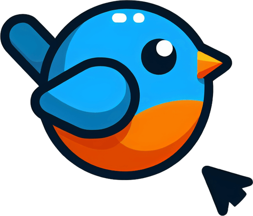 Single simple cartoon bird for a game titled "Flap & Bounce". The bird has lots blue and orange colors and is high contrast. Only bird. No shadows