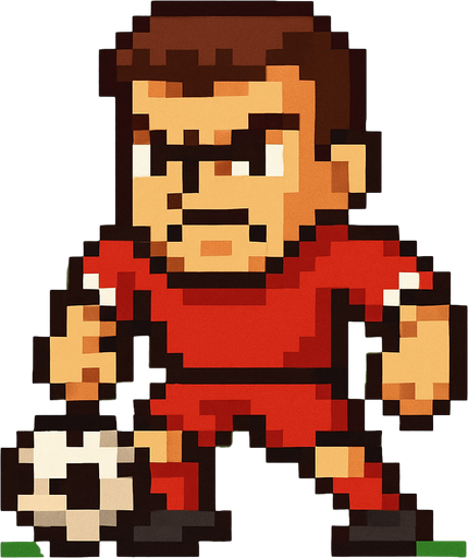 angry lookin red suit pixelart soccer player.
In-Game asset.  2d.  High contrast.  No shadows