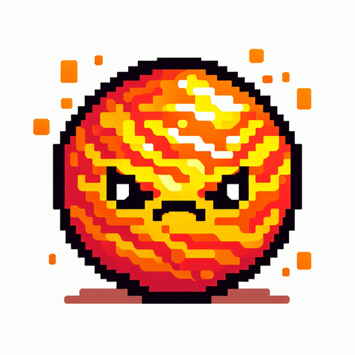 yuzu olan kizqin bir ates topu sinirli yakici ve pixelart.
Single Game Texture.  In-Game asset.  2d.  Blank background.  High contrast.  No shadows