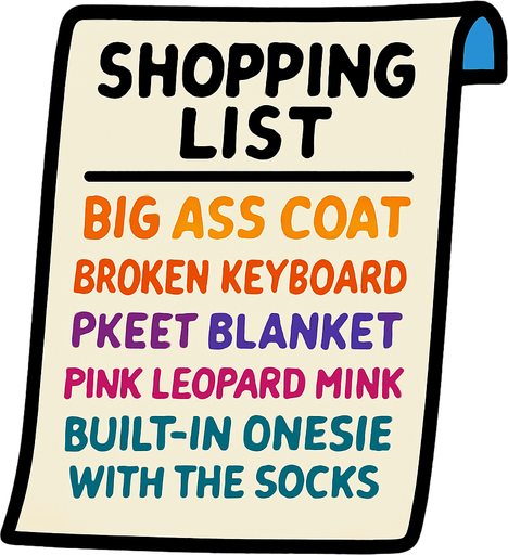 Shopping list that says Big ass coat, Broken keyboard, skeet blanket, pink leopard mink, built-in onesie with the socks.
In-Game asset.  2d.  High contrast.  No shadows