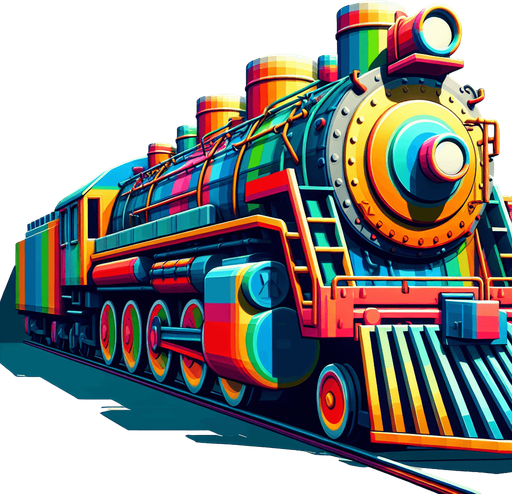 Colorful Train  engine looking  straight with no background ..
Single Game Texture. In-Game asset. 2d. Blank background. High contrast. No shadows.