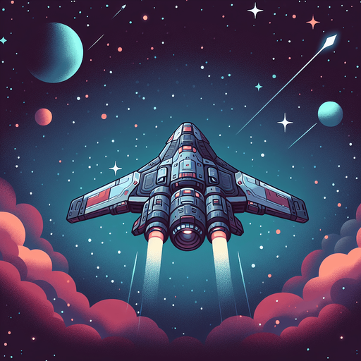 космический корабль летящий вперед сквозь космос.
Single Game Texture. In-Game asset. 2d. Blank background. High contrast. No shadows.