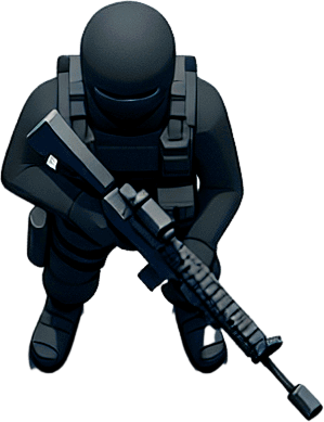 Soldier with gun seen from above.
Single Game Texture. In-Game asset. 2d. Blank background. High contrast. No shadows.