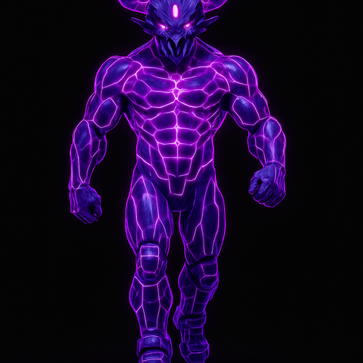 bare segmented neon cyberpunk pecs abs muscles robot monster hunk Neon cyberpunk 3d hologram corporate occult demon android mecha robot sentinel guard soldier machine monster fully in frame no part cut off no background anime futuristic Background removed, "Full-body character, entirely in frame, no cropping of face, head, or feet" "Complete character visible, from head to toe, fully centered in the image" "Entire character, including face and boots, fully within the frame" Character fully contained within a square frame, no edges cut off horns through boots Walking animation forward