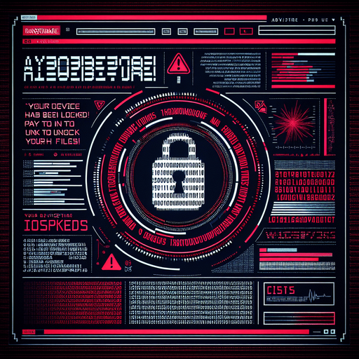 A full-screen background depicting a corrupted device overtaken by a ransomware message. The screen is dominated by a bold, alarming warning message in red and white text, with phrases like 'Your device has been locked!' and 'Pay to unlock your files!' prominently displayed. The background is dark, with digital glitch effects, static noise, and distorted text adding to the sense of corruption. Subtly embedded within the chaotic design is a hidden encrypted code, integrated into the distortion or glitch patterns, making it challenging to notice at first glance. The overall aesthetic is tense, urgent, and visually striking, fitting the theme of a high-tech device under attack..
Single Game Texture. In-Game asset. 2d. Blank background. High contrast. No shadows.