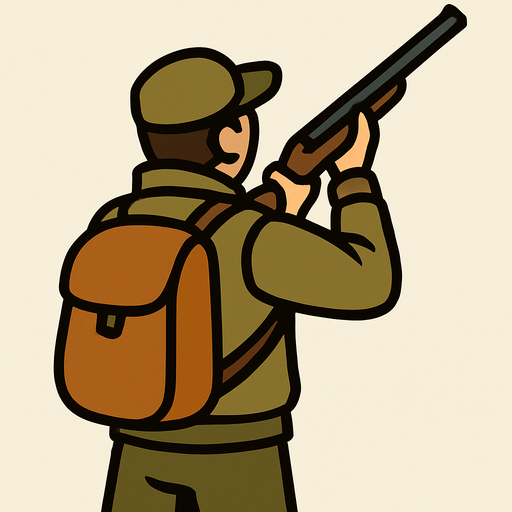 Silahını yukarı doğrultup nişan almış bir ördek avcısının arkadan görünüşünü çiz.
In-Game asset.  2d.  High contrast.  No shadows