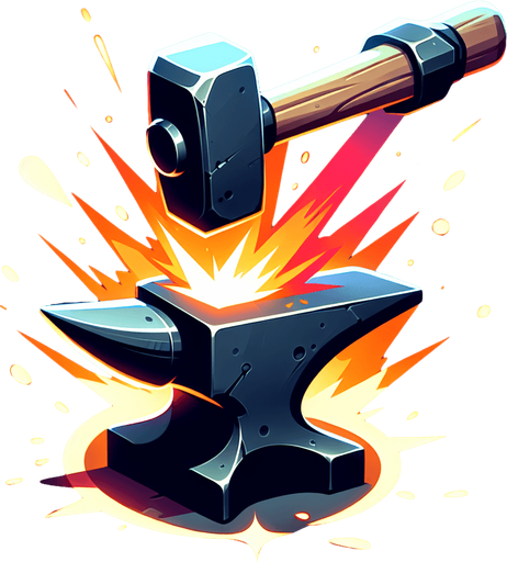 A stylized hammer striking an anvil, creating fiery sparks or engulfing the hammer head in flames..
Single Game Texture.  In-Game asset.  2d.  Blank background.  High contrast.  No shadows