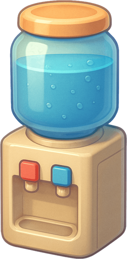 A water cooler. Cute soft graphics. soft ambient light. semi-matte to satin surfaces. naturalistic with slight saturation boost colors. 
In-Game asset.  2d.  High contrast.  No shadows. top down..
In-Game asset.  2d.  High contrast.  No shadows