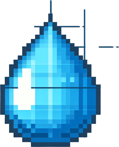 8 bit water droplet no shadows.
Single Game Texture. In-Game asset. 2d. Blank background. High contrast. No shadows.