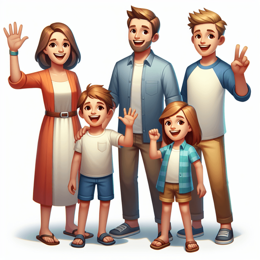 A smiling family waving..
Single Game Texture. In-Game asset. 2d. Blank background. High contrast. No shadows.