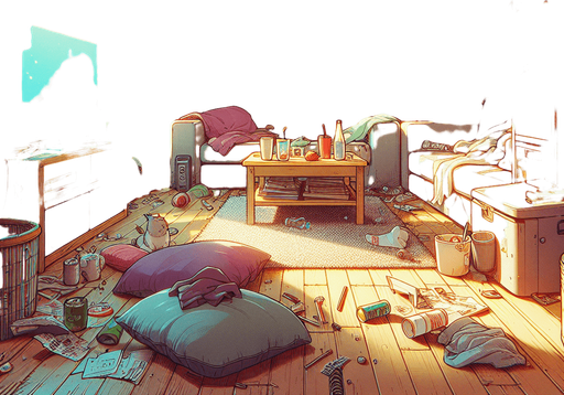 dağınık bir oturma odası, odanın içinden görünüm. 3d renkli anime, çizgi film