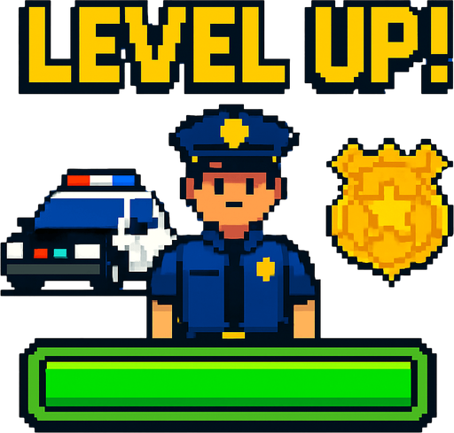 a police themed level up screen pixel art.
In-Game asset.  High contrast.  No shadows