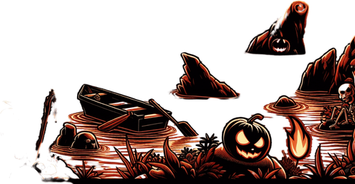 Generate a high quality cartoon background Halloween image on a black canvas similar to the format of where is waldo with a hellish lake environment.
Single Game Texture. In-Game asset. 2d. Blank background. High contrast. No shadows.