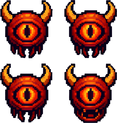 Generate a sprite sheet for a floating demon eye. Front side view. Include one attack sprite with mouth open. Retro pixel graphics..
In-Game asset.  2d.  High contrast.  No shadows