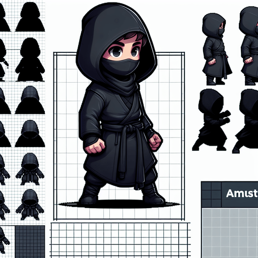 A ninja kid thief, full body, with a dark colored hoodie.
Single Game Texture. In-Game asset. 2d. Blank background. High contrast. No shadows.