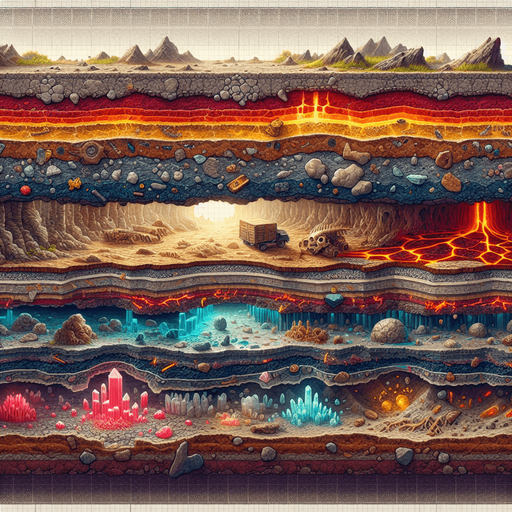 Here is your 2D side-view of the earth’s layers in a side-scrolling game style. It maintains the horizontal strata with distinct layers transitioning from rocky topsoil to deep, glowing lava rock. Fossils, gold veins, and crystal traces add depth and detail.

For the next remix, here are some potential modifications:

Deeper Layer Focus – Shift the scene further down to expose more intense lava activity and larger crystal formations. 🔥
More Fossils & Artifacts – Increase the number of embedded fossils, adding prehistoric bones or ancient relics. 🦴
Volcanic Activity – Introduce subtle magma flows or small pockets of underground lava chambers..
Single Game Texture.  In-Game asset.  2d.  Blank background.  High contrast.  No shadows