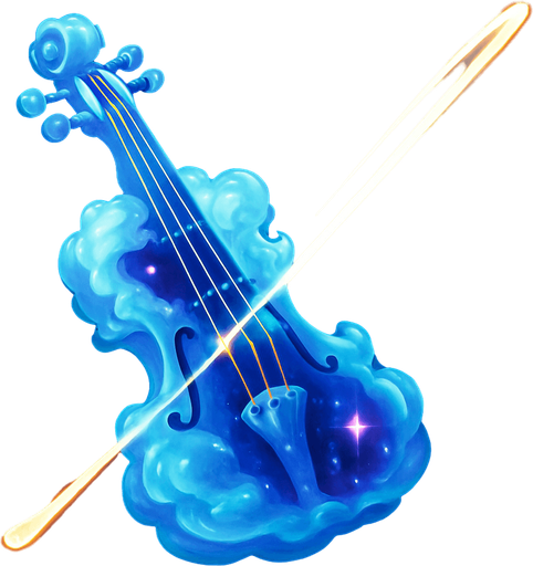 Un violín que parece estar esculpido en nubes etéreas o cristal de éter, con un brillo suave. El arco es un haz de luz pura que deja un rastro luminoso al moverse. Las cuerdas son finos hilos de energía que brillan con diferentes colores, y el cuerpo del violín podría tener constelaciones o nebulosas incrustadas..
In-Game asset.  2d.  High contrast.  No shadows