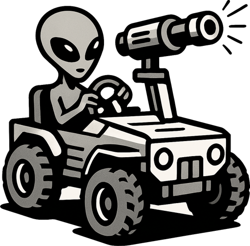 Grey alien driving a moon buggy space car with a laser cannon mounted on the roof.
In-Game asset.  2d.  High contrast.  No shadows