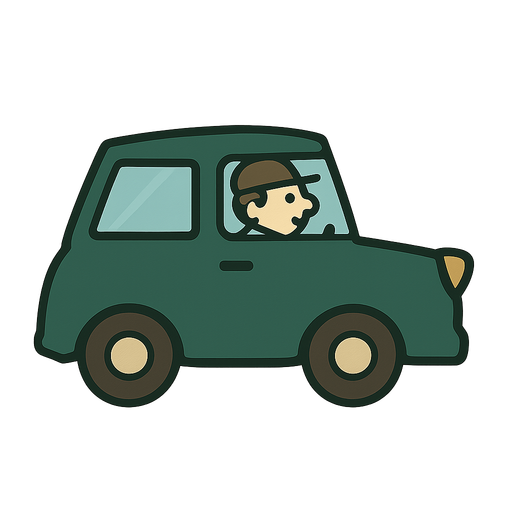 dark green car and driver. No background. Transparent background. Blank background. No shadows. 2d. In-Game asset. flat