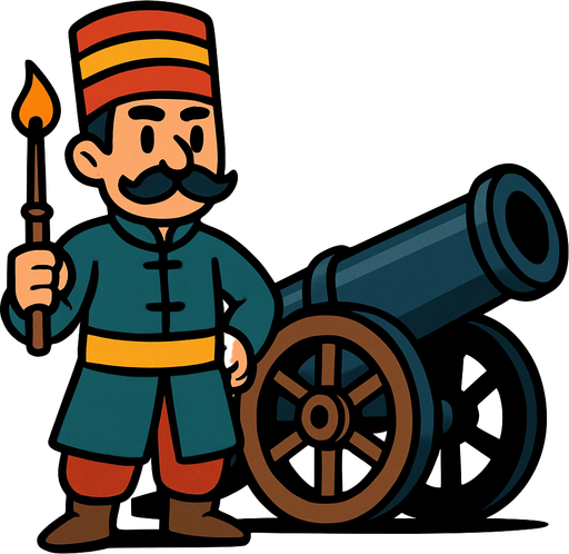 Animasyon çizgi dizi tarzında osmanlı topçusu ekle bu askerin yanında savaş topuda olsun.
In-Game asset.  2d.  High contrast.  No shadows