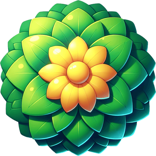 A round green and yellow flower. Top down view.
Single Game Texture. In-Game asset. 2d. Blank background. High contrast. No shadows.