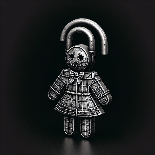eerie christmas inspired christmas doll lock with a resident evil style.
Single Game Texture. In-Game asset. 2d. Blank background. High contrast. No shadows.