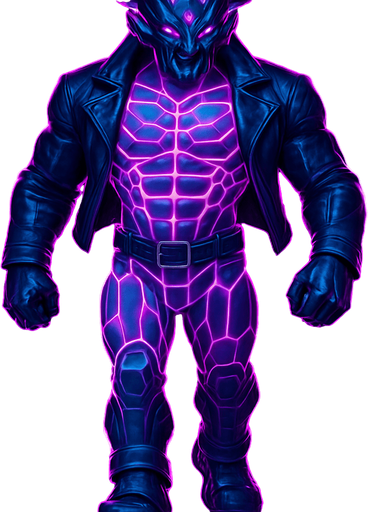 Black leather biker jacket longsleeves bare segmented neon cyberpunk pecs abs muscles robot monster hunk Neon cyberpunk 3d hologram corporate occult demon android mecha robot sentinel guard soldier machine monster fully in frame no part cut off no background anime futuristic Background removed, "Full-body character, entirely in frame, no cropping of face, head, or feet" "Complete character visible, from head to toe, fully centered in the image" "Entire character, including face and boots, fully within the frame" Character fully contained within a square frame, no edges cut off  horns through boots Walking animation