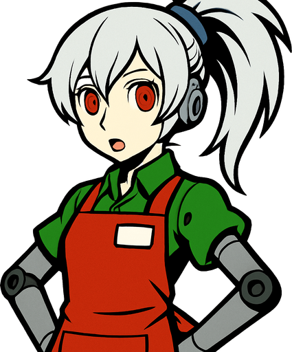 Labrys personaje de Persona 4 Arena con ropa de tendera..
In-Game asset.  2d.  High contrast.  No shadows