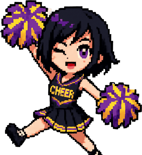 A cute anime-style girl rendered in pixel art, with an emo aesthetic and striking purple eyes, is wearing a high school cheerleader uniform and holding pom-poms in both hands. With her arms and legs extended in a dynamic pose, she winks playfully while cheering. The background is an American football field.