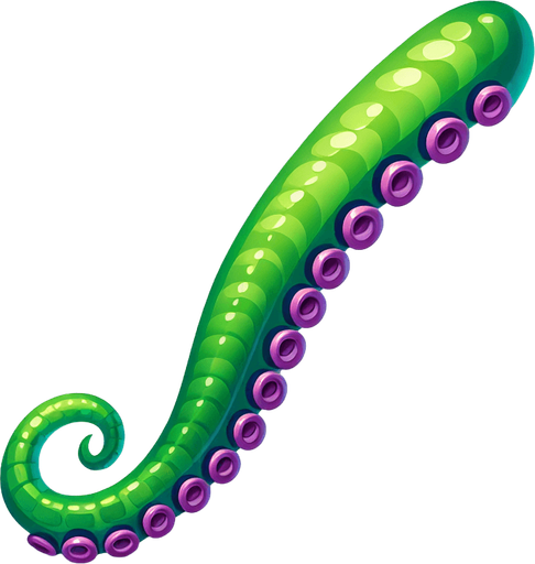 A outstretched straight octopus tentacle. Green with purple suckers. Cartoon..
Single Game Texture.  In-Game asset.  2d.  Blank background.  High contrast.  No shadows