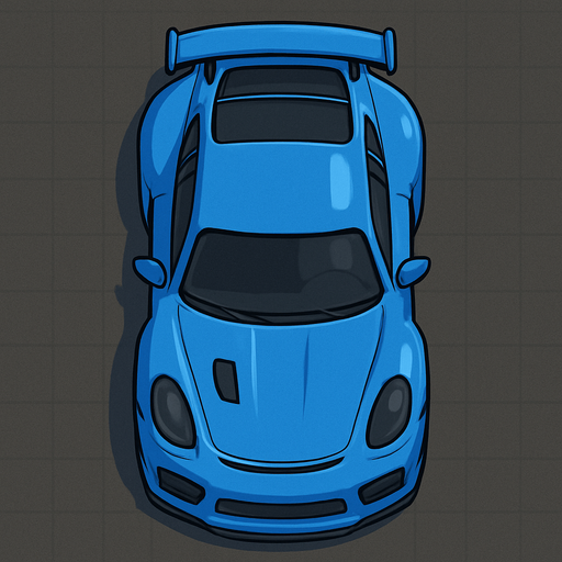 Sports Car,blue,2d,game asset,png,upper profile.
In-Game asset.  2d.  High contrast.  No shadows,upper look,upper side