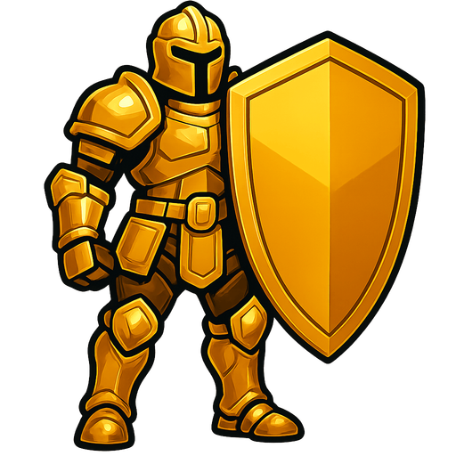 Human with a BIG golden shield and shining reinforced golden armor.
In-Game asset.  2d.  High contrast.  No shadows