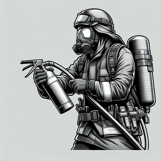firefighter using fire extinguisher
Single Game Texture.  In-Game asset.  2d.  Blank background.  High contrast.  No shadows