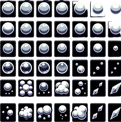 Sprite sheets of simple white bubble for bubble shatter game. Many options..
Single Game Texture. In-Game asset. 2d. Blank background. High contrast. No shadows.