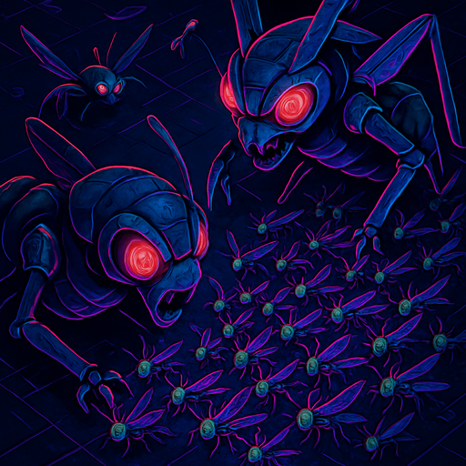 Neon cyberpunk horror anime top down isometric Lokix Nymble robot locusts swarming