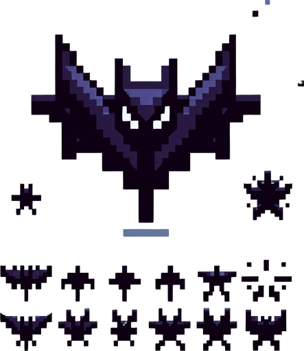 8-bit pixelated dark bat stylized icon shaped throwing ninja star on a spritesheet containing multiple stages of the bat flapping it's wings up and down.
Single Game Texture. In-Game asset. 2d. Blank background. High contrast. No shadows.